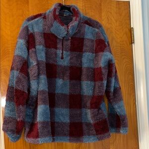 Eddie Bauer Burgundy and Blue Plaid Zip Up Sweater